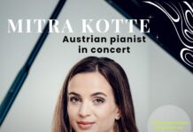 Mitra Kotte: Herstory / Kulturforum Ottawa Das Bild zeigt ein Konzertplakat der österreichischen Pianistin Mitra Kotte. In der Bildmitte ist ein Porträt der Künstlerin zu sehen, die vor einem geöffneten Flügel sitzt und direkt in die Kamera blickt. Sie trägt ein ärmelloses, elegantes Oberteil in gedeckter Farbe. Der Hintergrund ist ruhig und reduziert. Oben im Bild steht der Name „Mitra Kotte“ sowie der Text „Austrian pianist in concert“. Unten sind Datum, Uhrzeit und Veranstaltungsort angegeben: 23. Februar 2026, 18:30 Uhr, Goethe-Institut Montréal. Das Logo des Goethe-Instituts, des Austrian Cultural Forum und der Österreichischen Botschaft Ottawa sind ebenfalls sichtbar.