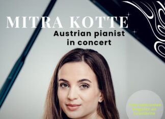 Mitra Kotte: Herstory / Kulturforum Ottawa Das Bild zeigt ein Konzertplakat der österreichischen Pianistin Mitra Kotte. In der Bildmitte ist ein Porträt der Künstlerin zu sehen, die vor einem geöffneten Flügel sitzt und direkt in die Kamera blickt. Sie trägt ein ärmelloses, elegantes Oberteil in gedeckter Farbe. Der Hintergrund ist ruhig und reduziert. Oben im Bild steht der Name „Mitra Kotte“ sowie der Text „Austrian pianist in concert“. Unten sind Datum, Uhrzeit und Veranstaltungsort angegeben: 23. Februar 2026, 18:30 Uhr, Goethe-Institut Montréal. Das Logo des Goethe-Instituts, des Austrian Cultural Forum und der Österreichischen Botschaft Ottawa sind ebenfalls sichtbar.