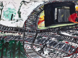 Holocaust-Gedenken, gewidmet den Roma / Kulturforum Paris Das Bild zeigt eine Zeichnung von Ceija Stojka im Frauen-KZ Ravensbrück mit Blick auf Bahngeleise, Baracken, Ofen und Flammen.