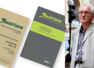 50 Jahre Zeitschrift „Austriaca“ / Kulturforum Paris Das Bild zeigt Jacques Bouveresse sowie zwei Ausgaben der Zeitschrift.