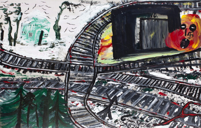 Das Bild zeigt eine Zeichnung von Ceija Stojka im Frauen-KZ Ravensbrück mit Blick auf Bahngeleise, Baracken, Ofen und Flammen.