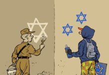 Antisemitismus alt und neu / Kulturforum Tel Aviv Das Bild zeigt ein Bild des Künstlers Michel Kichka, auf dem links ein Wehrmachtssoldat einen Davidstern aufmalt und rechts ein Graffitisprüher Davidsterne auf eine Wand sprüht.