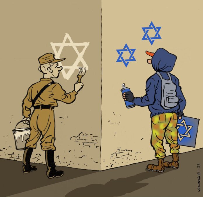 Das Bild zeigt ein Bild des Künstlers Michel Kichka, auf dem links ein Wehrmachtssoldat einen Davidstern aufmalt und rechts ein Graffitisprüher Davidsterne auf eine Wand sprüht.