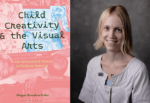 Child Creativity & Visual Arts / Kulturforum Washington Das Bild zeigt ein Porträtfoto von Dr. Megan Brandow-Faller sowie das Cover ihres Buchs „Child Creativity and the Visual Arts: From Secessionist Vienna to Postwar America“ auf welchem Kinder mit ihren Kunstwerken abgebildet sind.