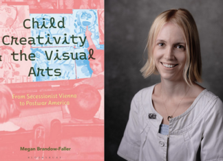 Child Creativity & Visual Arts / Kulturforum Washington Das Bild zeigt ein Porträtfoto von Dr. Megan Brandow-Faller sowie das Cover ihres Buchs „Child Creativity and the Visual Arts: From Secessionist Vienna to Postwar America“ auf welchem Kinder mit ihren Kunstwerken abgebildet sind.