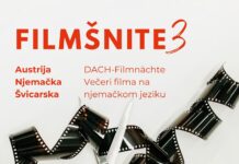 Filmšnite / Kulturforum Zagreb Das Bild zeigt das Plakat des DACH-Filmfestivals Filmšnite, auf dem eine Schere das Filmband durchschneidet.