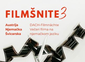 Filmšnite / Kulturforum Zagreb Das Bild zeigt das Plakat des DACH-Filmfestivals Filmšnite, auf dem eine Schere das Filmband durchschneidet.