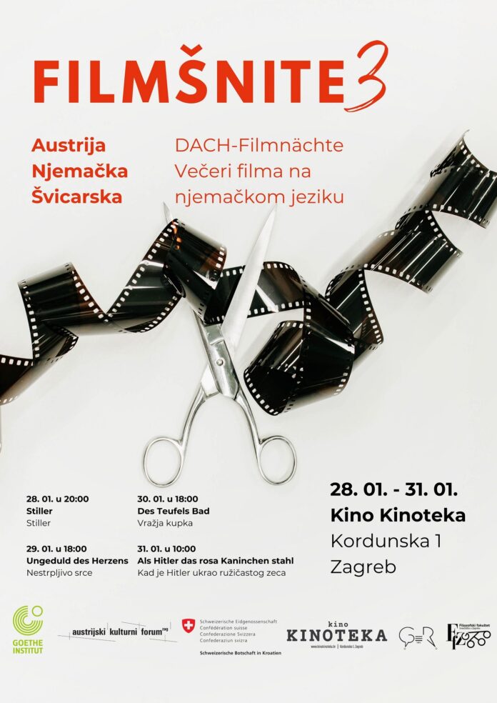 KFZagreb Das Bild zeigt das Plakat des DACH-Filmfestivals Filmšnite, auf dem eine Schere das Filmband durchschneidet.