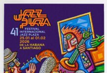 Dusha Connection bei “Jazz Plaza”/ Botschaft Havanna Das Bild zeigt das offizielle Plakat des heurigen, 41. Jazzfestivals. Auf dem Werk „Guateque“ des kubanischen Malers Sosabravo, das bunt und schematisch eine Musikgruppe bei einem Konzert darstellt, sind die Daten und Aufführungsorte des Festivals ergänzt.