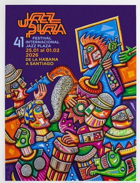 Das Bild zeigt das offizielle Plakat des heurigen, 41. Jazzfestivals. Auf dem Werk „Guateque“ des kubanischen Malers Sosabravo, das bunt und schematisch eine Musikgruppe bei einem Konzert darstellt, sind die Daten und Aufführungsorte des Festivals ergänzt.