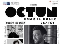 Jazzkonzert / Botschaft Tunis Das Bild zeigt die teilnehmenden Musiker teilweise mit ihren Instrumenten und den Logos der Partner.