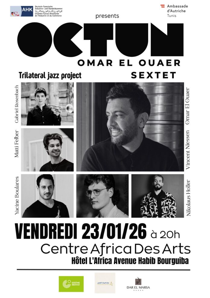 Das Bild zeigt die teilnehmenden Musiker teilweise mit ihren Instrumenten und den Logos der Partner.