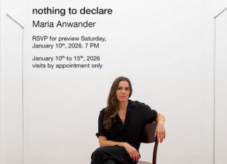 nothing to declare – Maria Anwander / Kulturforum Mexiko Das Bild zeigt einen weißen Galerieraum. In der Mitte sitzt eine Frau auf einem Holzstuhl und blickt direkt in die Kamera. Text im Bild kündigt die Ausstellung „nothing to declare“ von Maria Anwander in der fundación/op.cit. in Mexiko-Stadt an.