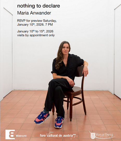 Das Bild zeigt einen weißen Galerieraum. In der Mitte sitzt eine Frau auf einem Holzstuhl und blickt direkt in die Kamera. Text im Bild kündigt die Ausstellung „nothing to declare“ von Maria Anwander in der fundación/op.cit. in Mexiko-Stadt an.