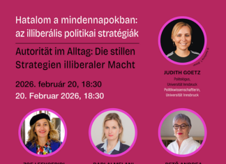 Podiumsdiskussion / Kulturforum Budapest Das Bild zeigt das Plakat der Veranstaltung. Es ist pink und Fotos von Beteiligten erscheinen darauf.