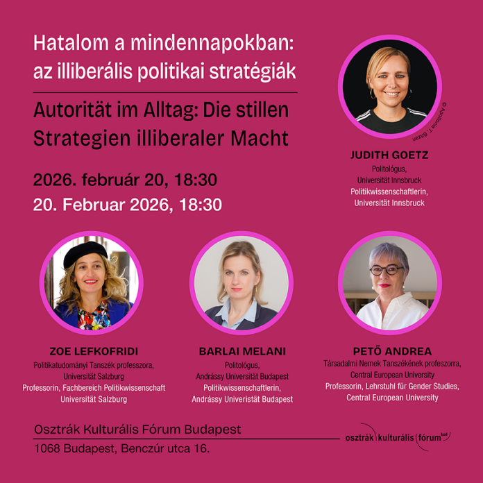 KFBudapest Das Bild zeigt das Plakat der Veranstaltung. Es ist pink und Fotos von Beteiligten erscheinen darauf.