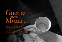 Goethe meets Mozart / Kulturforum Bukarest Das Bild zeigt das Plakat der Veranstaltung. Es sind Notenblätter mit einem Stift und einer Kaffeetasse zu sehen. Darüber der Schriftzug mit den Informationen zur Veranstaltung.