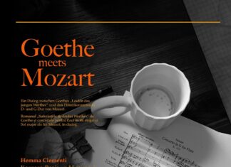 Goethe meets Mozart / Kulturforum Bukarest Das Bild zeigt das Plakat der Veranstaltung. Es sind Notenblätter mit einem Stift und einer Kaffeetasse zu sehen. Darüber der Schriftzug mit den Informationen zur Veranstaltung.