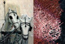 Ausstellung Real Citizens / Kulturforum London Das Bild zeigt Werke der beiden Kunstschaffenden: links ein Bild von zwei weißen Lippizanern von Jane Mechner, rechts ein Detail von Michael Garners Werk ‘The Austrian Part of my Brain’, das rot eingefärbte Nervenverbindungen eines Gehirnscans auf schwarzem Hintergrund zeigt.