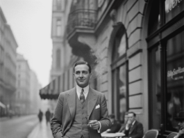 Gershwin in Vienna / Kulturforum New York Das Bild zeigt einen elegant gekleideten Mann in den 1920er-Jahren, der auf einem Gehsteig in einer europäischen Stadt steht. Er trägt einen dreiteiligen Anzug mit Krawatte und Einstecktuch und hält eine Zigarette in der Hand. Im Hintergrund sind Straßencafés mit sitzenden Gästen, kleine runde Tische mit Kaffeetassen sowie mehrstöckige Gebäude mit Balkonen zu sehen. Die Szene ist in Schwarz-Weiß gehalten und vermittelt eine ruhige, urbane Atmosphäre der frühen Moderne.