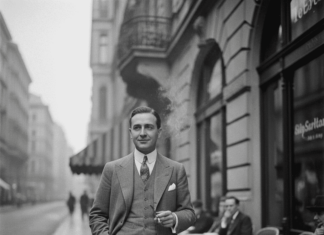 Gershwin in Vienna / Kulturforum New York Das Bild zeigt einen elegant gekleideten Mann in den 1920er-Jahren, der auf einem Gehsteig in einer europäischen Stadt steht. Er trägt einen dreiteiligen Anzug mit Krawatte und Einstecktuch und hält eine Zigarette in der Hand. Im Hintergrund sind Straßencafés mit sitzenden Gästen, kleine runde Tische mit Kaffeetassen sowie mehrstöckige Gebäude mit Balkonen zu sehen. Die Szene ist in Schwarz-Weiß gehalten und vermittelt eine ruhige, urbane Atmosphäre der frühen Moderne.
