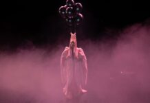 Doris Uhlich / Kulturforum Paris Das Bild zeigt die Tänzerin Susanne Kirnbauer in einem Kostüm und Nebel.