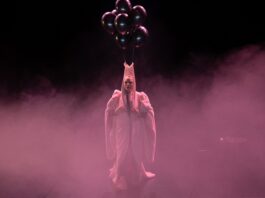 Doris Uhlich / Kulturforum Paris Das Bild zeigt die Tänzerin Susanne Kirnbauer in einem Kostüm und Nebel.