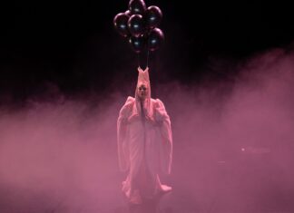 Doris Uhlich / Kulturforum Paris Das Bild zeigt die Tänzerin Susanne Kirnbauer in einem Kostüm und Nebel.