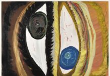 Ceija Stojka / Kulturforum Paris Das Bild zeigt ein abstraktes Gemälde, auf dem zwei Augen, ein schwarzes und ein blaues Auge mit dunklem und hellem Hintergrund zu erkennen sind.