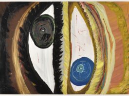 Ceija Stojka / Kulturforum Paris Das Bild zeigt ein abstraktes Gemälde, auf dem zwei Augen, ein schwarzes und ein blaues Auge mit dunklem und hellem Hintergrund zu erkennen sind.