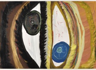 Ceija Stojka / Kulturforum Paris Das Bild zeigt ein abstraktes Gemälde, auf dem zwei Augen, ein schwarzes und ein blaues Auge mit dunklem und hellem Hintergrund zu erkennen sind.