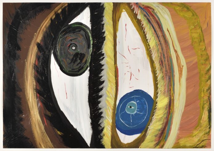 Das Bild zeigt ein abstraktes Gemälde, auf dem zwei Augen, ein schwarzes und ein blaues Auge mit dunklem und hellem Hintergrund zu erkennen sind.