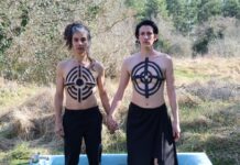 Why „We Should All Be Feminists”/ Kulturforum Zagreb Das Bild zeigt zwei nackte Frauen mit aufgemalten Zielscheiben auf ihren Körpern, die händehaltend in einer Badewanne in der Natur stehen