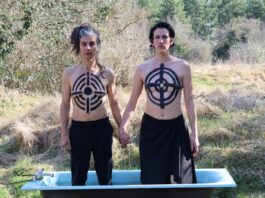Why „We Should All Be Feminists”/ Kulturforum Zagreb Das Bild zeigt zwei nackte Frauen mit aufgemalten Zielscheiben auf ihren Körpern, die händehaltend in einer Badewanne in der Natur stehen