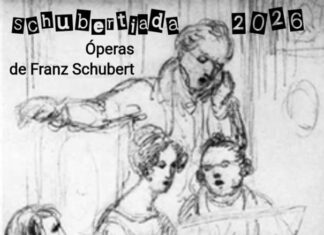 Schubertiade / Botschaft Havanna Das Bild zeigt das Plakat der heurigen Schubertiade. Es ist die Bleistiftskizze eines Hauskonzertes aus der Zeit Schuberts. Abgebildet sind eine Pianistin und ein Pianist am Klavier, ein Sänger und einige Zuhörer. Ergänzt ist die Skizze mit den Daten der Veranstaltung.