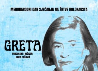 Holocaust-Gedenktag / Kulturforum Sarajewo Das Bild zeigt auf der rechten Seite eine schwarz-weiße Abbildung einer Frau vor blauem Hintergrund mit Text in schwarz mit Infos zur Veranstaltung