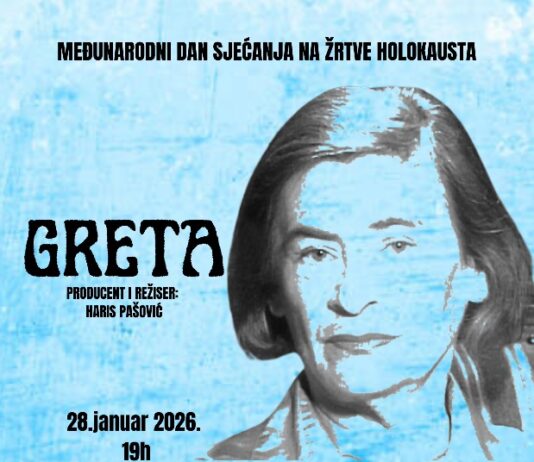 Holocaust-Gedenktag / Kulturforum Sarajewo Das Bild zeigt auf der rechten Seite eine schwarz-weiße Abbildung einer Frau vor blauem Hintergrund mit Text in schwarz mit Infos zur Veranstaltung