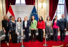 Internationaler Frauentag 2026 / Podcast wissensArt Das Bild zeigt die Teilnehmerinnen der Diskussion mit Bundesministerin Beate Meinl-Reisinger, Staatssekretär Sepp Schellhorn sowie Sektionsleiterin Regina Rusz.