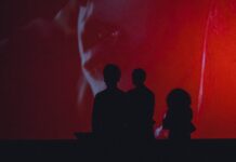 Human Rights Film Festival Berlin / Kulturforum Berlin Drei Personen stehen als dunkle Silhouetten vor einer großen Projektionsleinwand. Zwei Personen stehen eng nebeneinander links, eine dritte etwas abseits rechts. Auf der Leinwand ist eine verschwommene Videoprojektion in Rottönen zu sehen, die ein Gesicht im Halbprofil andeutet. Die Gesichter der Personen sind durch die Gegenlichtaufnahme nicht zu erkennen.