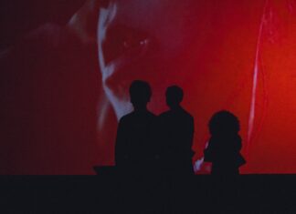 Human Rights Film Festival Berlin / Kulturforum Berlin Drei Personen stehen als dunkle Silhouetten vor einer großen Projektionsleinwand. Zwei Personen stehen eng nebeneinander links, eine dritte etwas abseits rechts. Auf der Leinwand ist eine verschwommene Videoprojektion in Rottönen zu sehen, die ein Gesicht im Halbprofil andeutet. Die Gesichter der Personen sind durch die Gegenlichtaufnahme nicht zu erkennen.