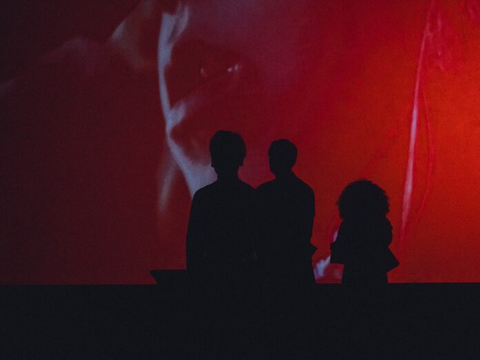 Drei Personen stehen als dunkle Silhouetten vor einer großen Projektionsleinwand. Zwei Personen stehen eng nebeneinander links, eine dritte etwas abseits rechts. Auf der Leinwand ist eine verschwommene Videoprojektion in Rottönen zu sehen, die ein Gesicht im Halbprofil andeutet. Die Gesichter der Personen sind durch die Gegenlichtaufnahme nicht zu erkennen.