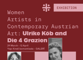 Ausstellung: Ulrike Köb und Die 4 Grazien / Kulturforum Istanbul Das Bild zeigt das Ausstellungsposter, welches hauptsächlich in Weinrot gehalten ist. In rosaroter Schrift ist im oberen Teil der Ausstellungstitel zu lesen. Der untere Teil zeigt ein wein- und rosarot gefärbtes Schachbrettmuster, das von vier hochformatigen Rechtecken unterbrochen wird, in denen jeweils ein Porträt einer Künstlerin zu sehen ist.