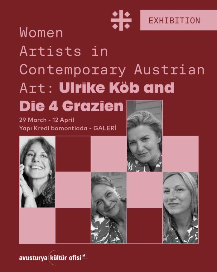 Das Bild zeigt das Ausstellungsposter, welches hauptsächlich in Weinrot gehalten ist. In rosaroter Schrift ist im oberen Teil der Ausstellungstitel zu lesen. Der untere Teil zeigt ein wein- und rosarot gefärbtes Schachbrettmuster, das von vier hochformatigen Rechtecken unterbrochen wird, in denen jeweils ein Porträt einer Künstlerin zu sehen ist.