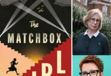 The Matchbox Girl / Kulturforum London Alice Jolly in Conversation with Rosie Goldsmith Bildbeschreibung für Barrierefreiheit Das Bild zeigt links das Cover des Buches ‚The Matchbox Girl‘, es handelt sich dabei um die Umrisse eines Mädchens, das rote Treppen hinaufläuft; der Himmel schwarz wie die Nacht, durchbrochen von Scheinwerferlicht, am Himmel Umrisse von Kampfflugzeugen. Rechts Portraitfotos von Alice Jolly (rechts oben), bekleidet mit einer dunkelblauen Wollweste und Rosie Goldsmith (rechts unten) im roten Blazer.