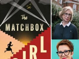 The Matchbox Girl / Kulturforum London Alice Jolly in Conversation with Rosie Goldsmith Bildbeschreibung für Barrierefreiheit Das Bild zeigt links das Cover des Buches ‚The Matchbox Girl‘, es handelt sich dabei um die Umrisse eines Mädchens, das rote Treppen hinaufläuft; der Himmel schwarz wie die Nacht, durchbrochen von Scheinwerferlicht, am Himmel Umrisse von Kampfflugzeugen. Rechts Portraitfotos von Alice Jolly (rechts oben), bekleidet mit einer dunkelblauen Wollweste und Rosie Goldsmith (rechts unten) im roten Blazer.