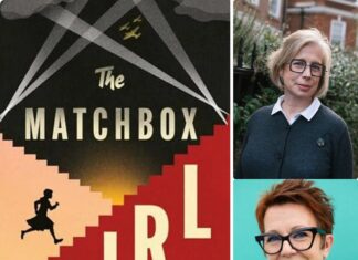The Matchbox Girl / Kulturforum London Alice Jolly in Conversation with Rosie Goldsmith Bildbeschreibung für Barrierefreiheit Das Bild zeigt links das Cover des Buches ‚The Matchbox Girl‘, es handelt sich dabei um die Umrisse eines Mädchens, das rote Treppen hinaufläuft; der Himmel schwarz wie die Nacht, durchbrochen von Scheinwerferlicht, am Himmel Umrisse von Kampfflugzeugen. Rechts Portraitfotos von Alice Jolly (rechts oben), bekleidet mit einer dunkelblauen Wollweste und Rosie Goldsmith (rechts unten) im roten Blazer.