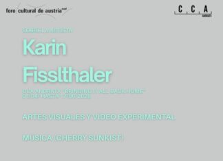 Karin Fisslthaler auf Mallorca / Kulturforum Madrid Das Bild zeigt eine Person, die sich vor einem Werk von Karin Fisslthaler bewegt.