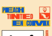 peach tinted / Kulturforum Mexiko Das Bild zeigt den Flyer des Konzerts, der zwei junge Männer auf einer Landstrasse vor einem Auto stehend zeigt, sowie die Konzertdaten enthält