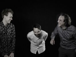 Dusha Connection Jazz Konzert / Kulturforum Ottawa Das Bild zeigt das Trio Dusha Connection in einer Schwarz-Weiß-Aufnahme. Die Musiker Esad Halilovic (rechts) und Urs Hager (links) lachen sich gegenseitig an, während Clemens Rofner (mitte) vornübergebeugt verschmitzt in die Kamera lächelt.