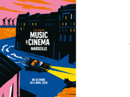 Film & Filmmusik aus Österreich / Kulturforum Paris Das Bild ist das bunte Festivalsujet von Music & Cinéma Marseille. Man sieht ein Auto durch die Straßen fahren, die Scheinwerder sind an, im Hintergrund sieht man das Meer.